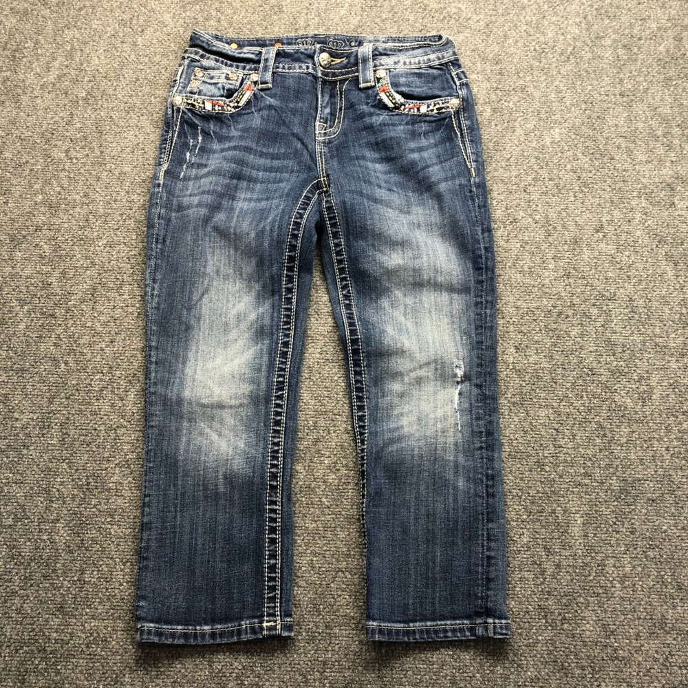 Y2K Miss Me Womens Mid Rise Cuffed Capri Jeans Embroidered Sequin Size 26